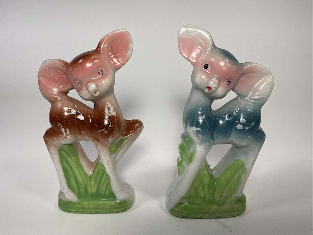 Vtg Japan Porcelain Large Ear Deer Pink & Blue Set L2